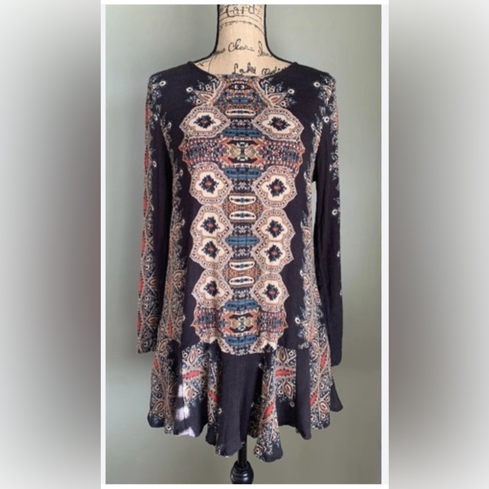 Free People smooth talker tunic dress Bohemian Black open back tribal boho S